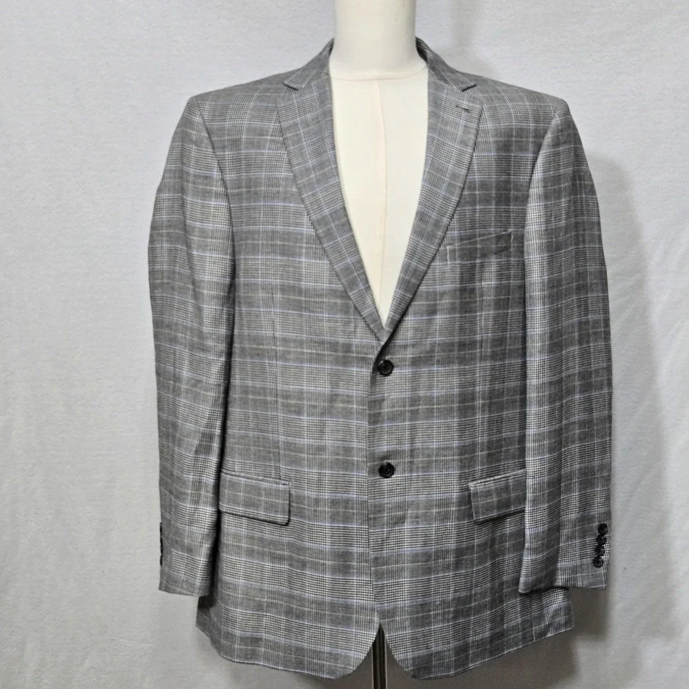 TravelSmith Blazer Mens Large Gray‎ Plaid 2 Button Sport Coat Jacket Classic Fit